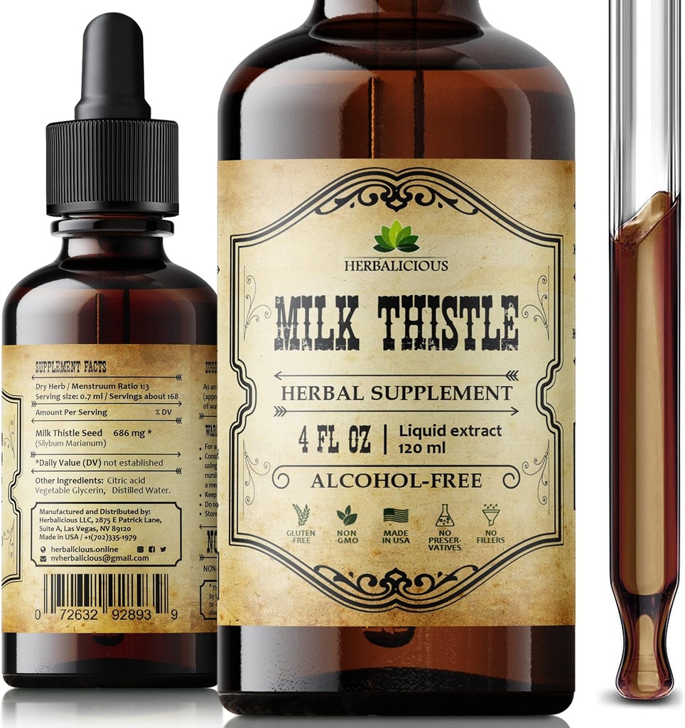 Détox du foie de chardon de lait – Extrait de silymarin tout naturel pour le nettoyage du foie, le soutien immunitaire et la santé de la peau – supplément de chardon de lait à base de plantes – 4 fl oz