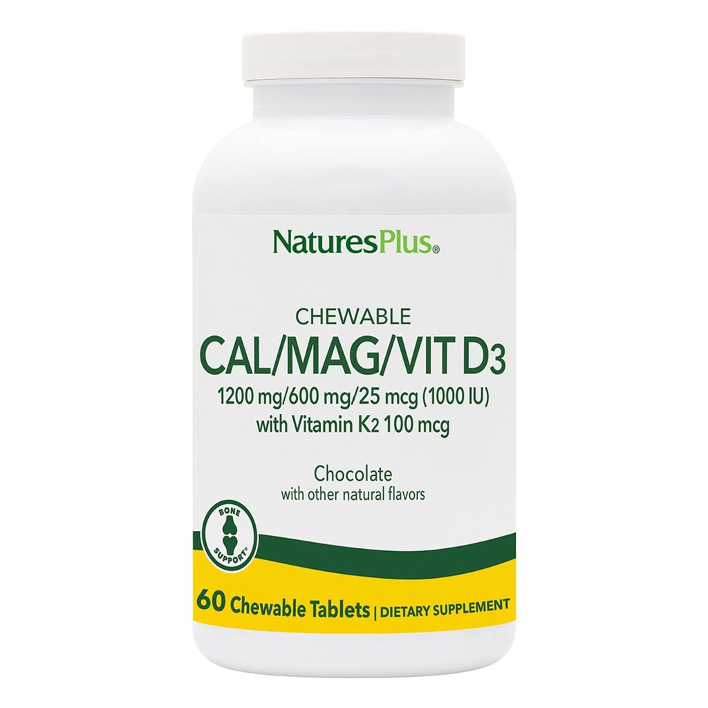NaturesPlus Cal/Mag/VIT D3 met vitamine K2-60 Kauwtabletten - Chocoladesmaak - Calcium, Magnesium, Vitamine D3 & K2 Bone Health Support Supplement - 30 porties