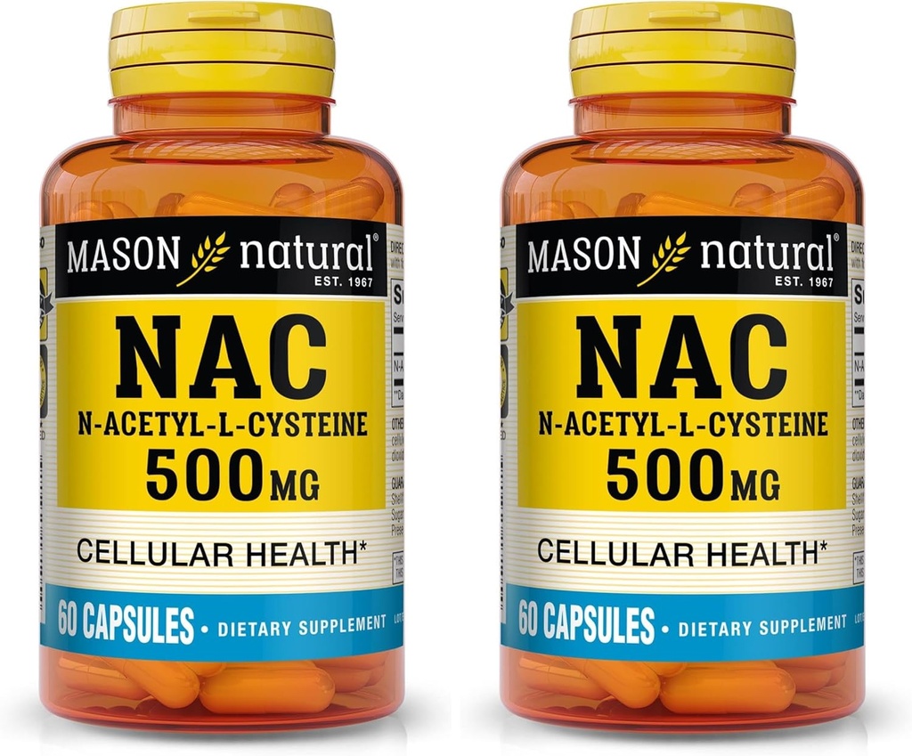 MASON NATURAL NAC N-acétyl L-Cysteine 500 mg - Soutient la santé cellulaire, Immune System Booster, pour le mieux-être général, 60 capsules (paquet de 2)