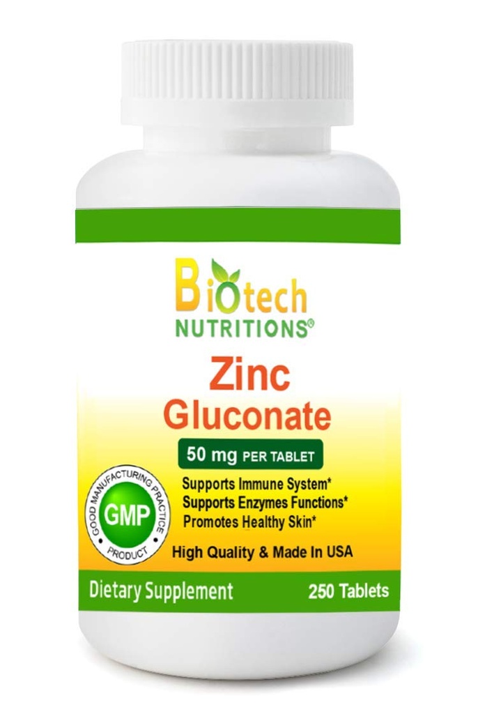 Zink Gluconaat 50 mg 250 tabletten Made in USA Vegetarisch/Veganistisch zinkgluconaat
