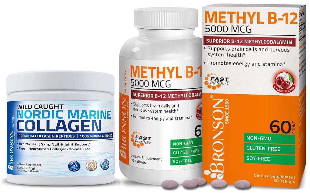 Bronson Peptides de collagène marin Poudre hydrolysée de protéines + méthyl B12 5000 mcg Vitamine B12 méthylcobalamine