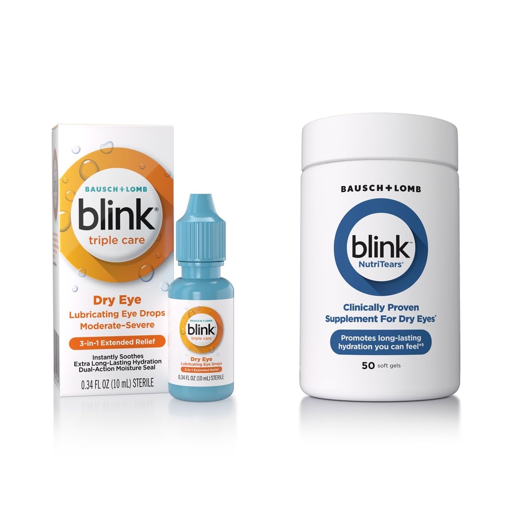Blink gouttes oculaires pour les yeux secs, triple soin gouttes oculaires lubrifiantes, instantanément apaisant, hydratant + Blink NutriTears cliniquement prouvé supplément pour les yeux secs, 50 Softgels