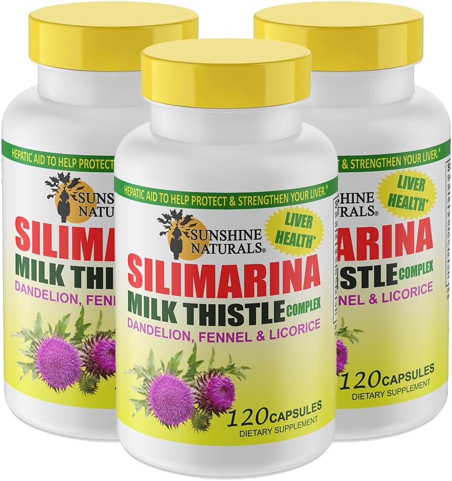 Sunshine Naturals Milk Thistle Complex. Ondersteuning voor de gezondheid van de lever, ontgifting, antioxidant verdediging, en natuurlijke leverfunctie verbetering. Promoot Digestieve Gezondheid. 600 mg. 120 Capsules. Verpakking van 3.