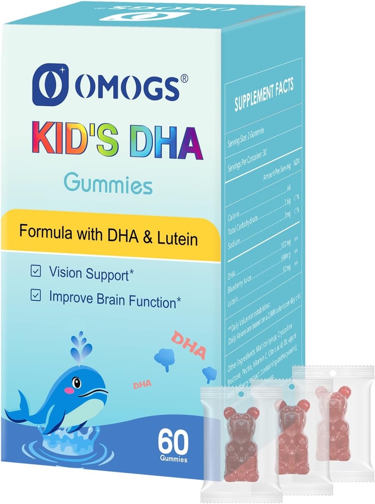 Omogs Kinderen DHA Blueberry Flavoured Gummies, met Lutein, Omega-3 & Vitamine C Algen DHA, voor Eye Health, Brain Health & Healthy Immunity, Gluten Free, Veganistan, 60 Gummies.