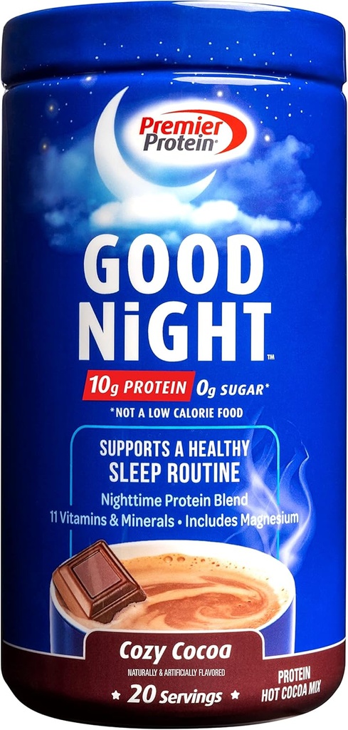 Premier Proteïne Goede Nacht Proteïne Poeder, Hot Cocoa Mix, 10g Proteïne, 0g Suiker, 11 Vitaminen & Mineralen, Nacht Proteïne Blend, Magnesium, Zink, 20 Serve, 1 Bub