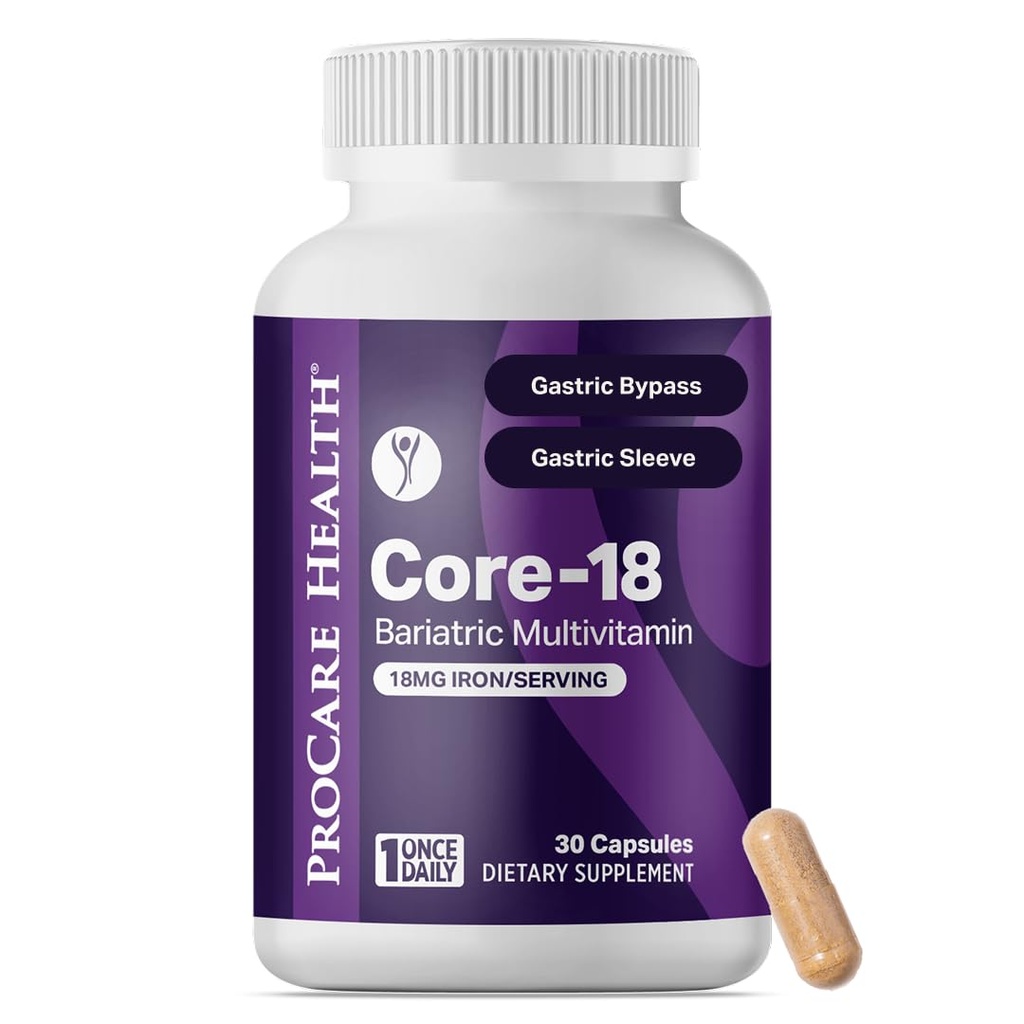 ProCare Health Multivitamine bariatrique avec fer 18mg (30 capsules faciles à avaler) - Vitamines bariatriques post-op pour les pilules de dérivation gastrique - Doit avoir pour les patients à manches (1 mois d'approvisionnement)