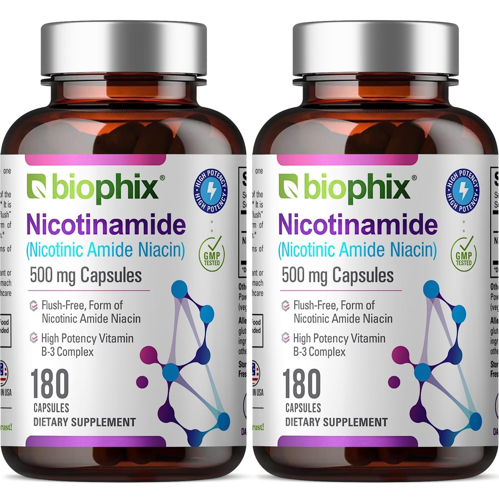 biophix B-3 Nicotinamide 500 mg 180 Caps 2 Pack - Nicotinique Amide Niacin formule de vitamine naturelle sans flush - soutient la santé des cellules de la peau