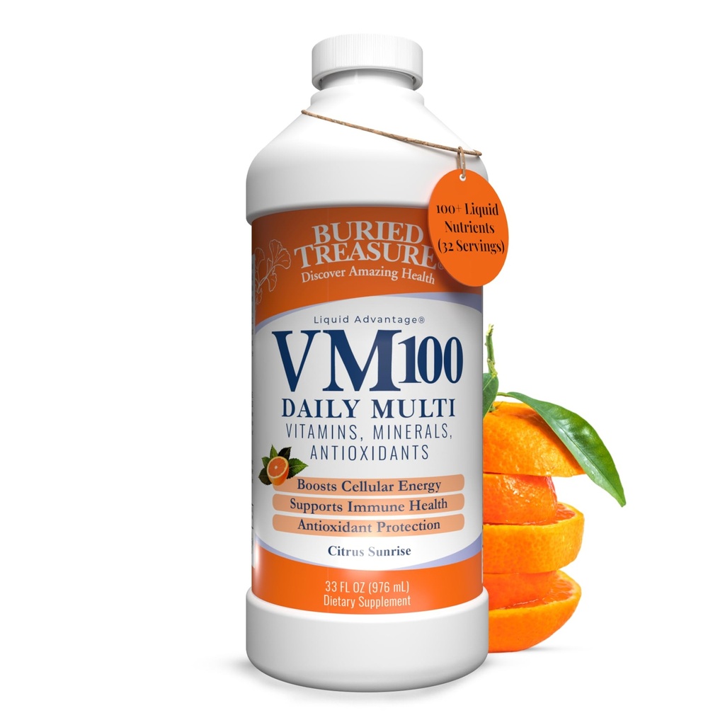 Trésor enseveli VM100 Vitamines et minéraux liquides quotidiens complets et supplément antioxydants pour une absorption maximale Grande dégustation d'arôme de zeste d'orange 32 portions 32 once