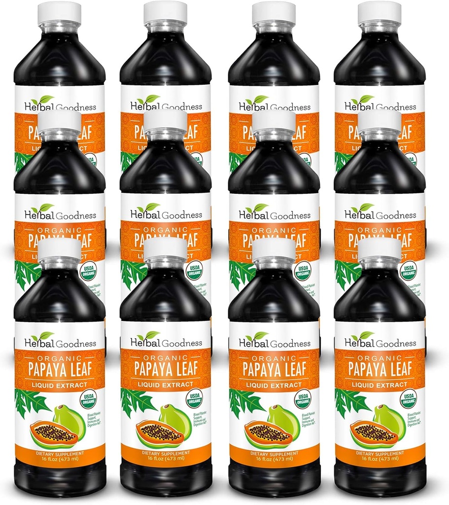 Papaya Leaf Extract Bloedplaatjes Ondersteuning - 15x sterkte - Natuurlijke bloedplaatjes Booster & Digestieve hulp - Organisch Liquid Extract - 16oz sap - Geval Aantal (12) - Kruidengoedheid