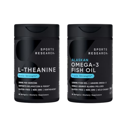 Sportonderzoek Dubbele sterkte L-Theanine Suntheanine voor Focus, Ontspanning en Alertheid Niet-Drowsy Ondersteuning + Kokosolie 60 Telling & Triple Strength Omega 3 Visolie 1250mg Burpless Omega3 EPA & DHA