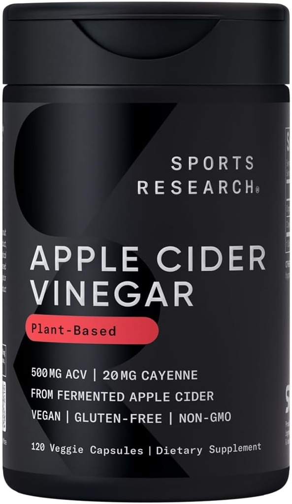 Recherche sportive Vinaigre de cidre de pomme avec poivre Cayenne Fabriqué à partir de cidre de pomme fermenté biologique - Projet non OGM Vérifié et certifié végétalien (120 capsules de légumes)
