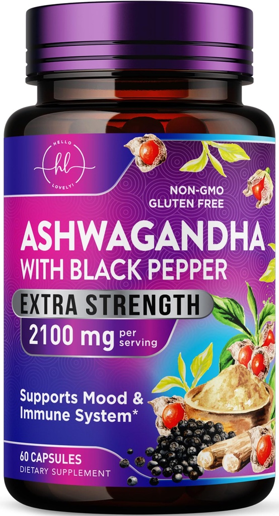 Ashwagandha 2100 mg - Ashwagandha supplementen voor vrouwen in Veggie Capsules met Poeder & Root Extract, Black Pepper voor Hoge Absorptie, Plant Based, Non-GMO, Gebotteld in de VS - 60 Veggie Capsules