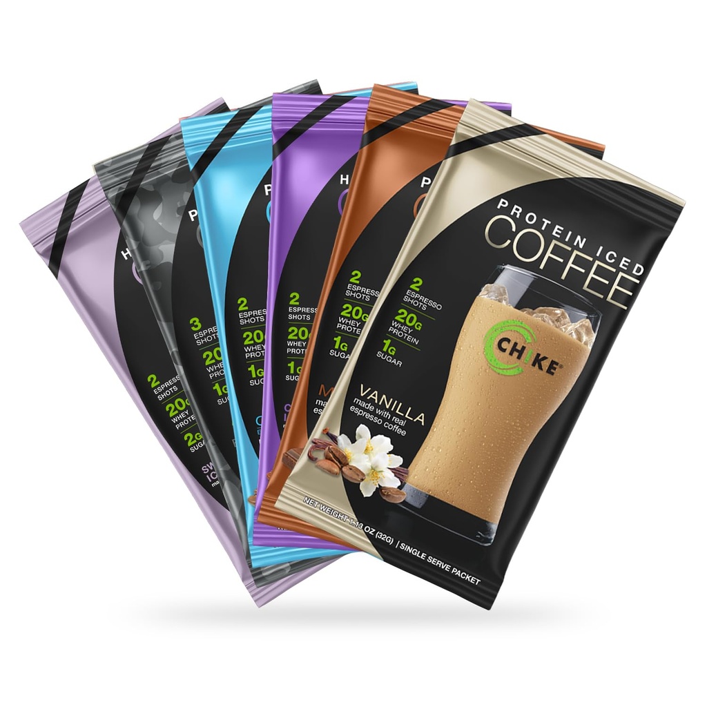 Chike High Protein Iced Coffee Sampler Pack, 20 G Protein, 2 Shots Espresso, 1 G Sugar, Keto Friendly and Gluten Free, 6 Single Serve Packets (packaging may vary)
