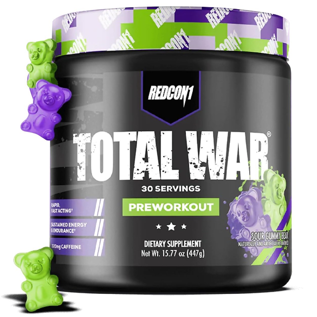 REDCON1 Total War Pre Workout, Sour Gummy Bear - Préparation rapide à la caféine pour hommes + femmes avec Beta Alanine - Contient du malate de citrulline pour une pompe accrue, flux sanguin (30 portions)