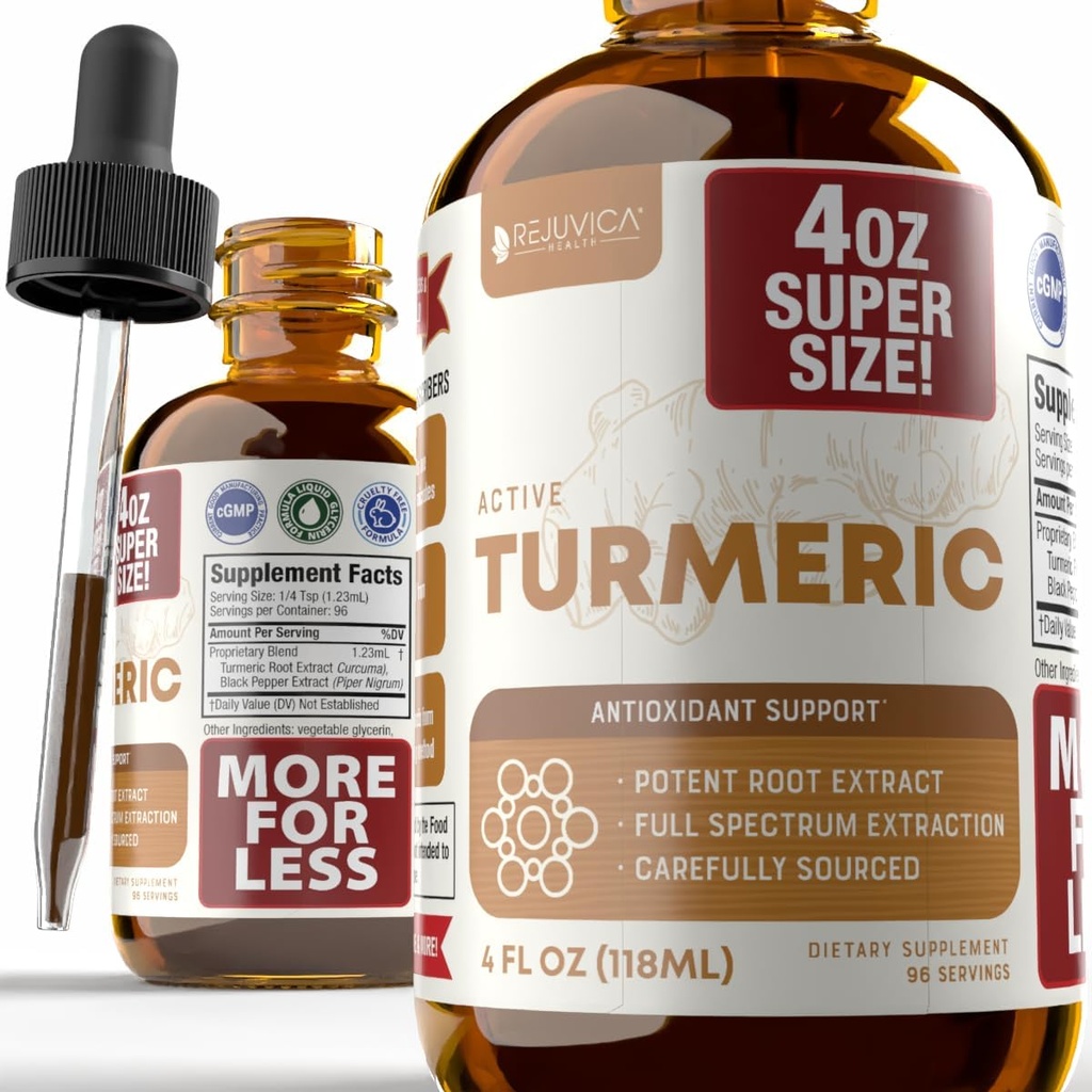 Rejuvica Health Active Turmeric 4oz XL Super Size - Advanced Liquid Supplement Tinctuur - Curcuma Longa Extract druppels - Kurkumawortels alleen - Natuurlijk voorkomende Curcumine