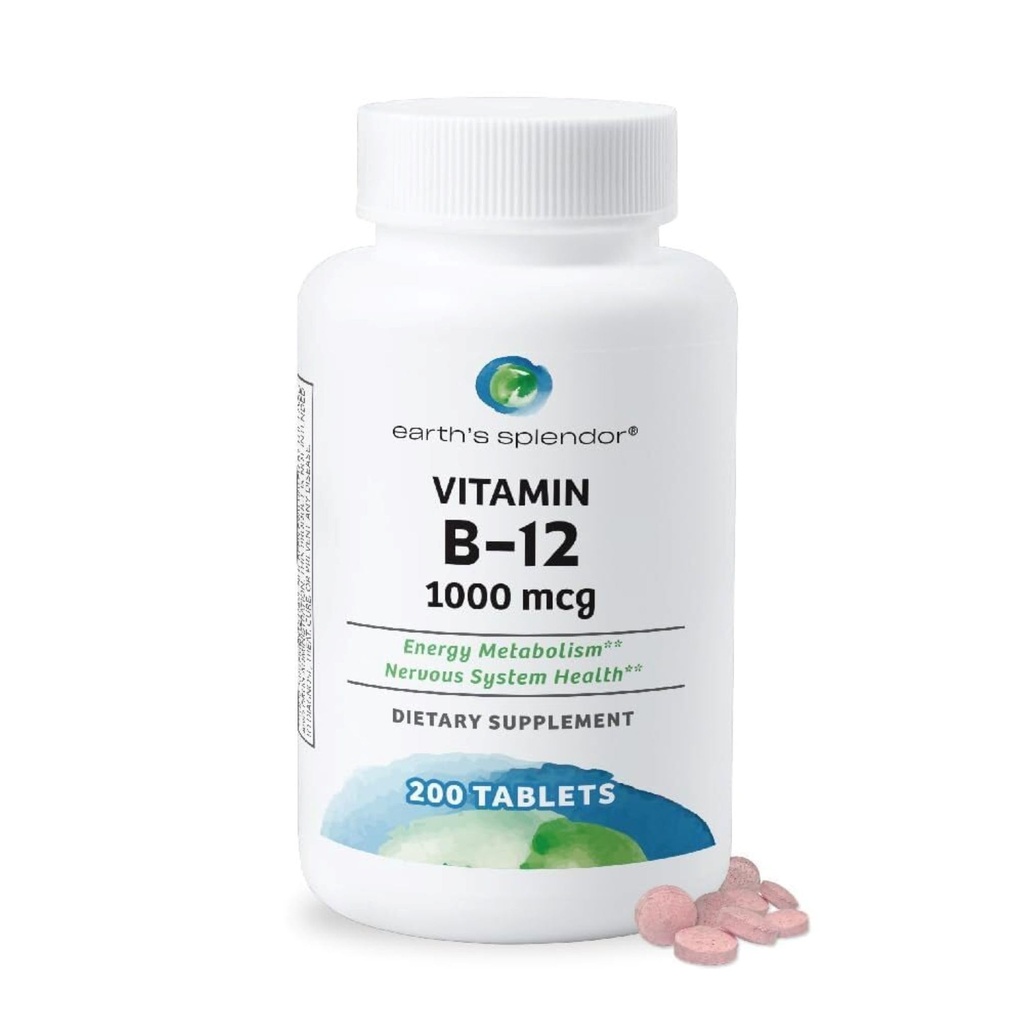 Splendor energiesupplementen op aarde, met vitamine B12, Geen kunstmatige kleur of smaak, Glutenvrij, Energie Metabolisme Ondersteuning (1000 mcg, 200 tabletten)