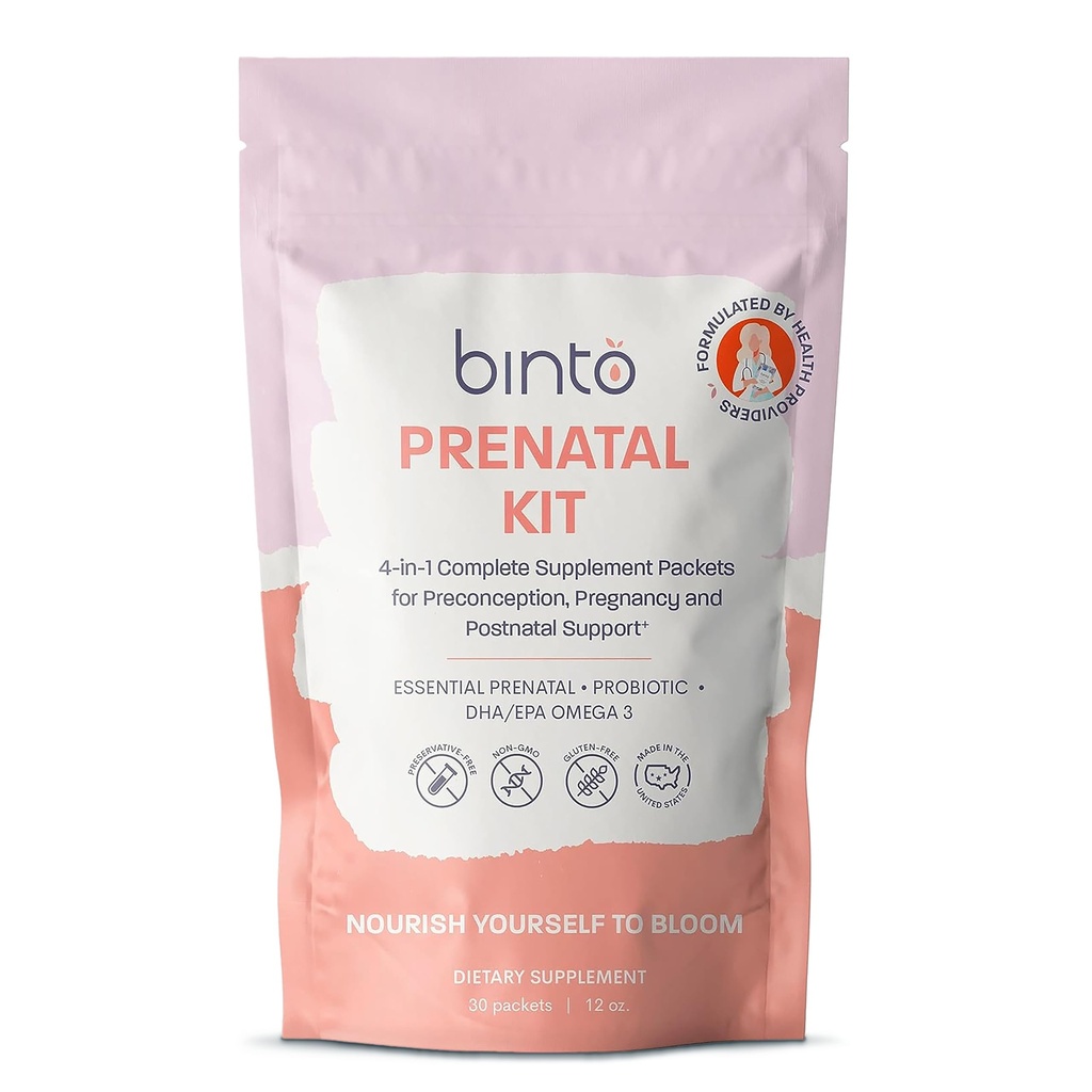 Binto Prenatale Kit - 4-in-1 Supplementen voor gezonde moeder & baby - 30 dagen voorraad - Multivitamine, probiotica, ijzer, DHA, gemethyleerd folaat & foliumzuur - niet-GMO, glutenvrij, vegetarisch