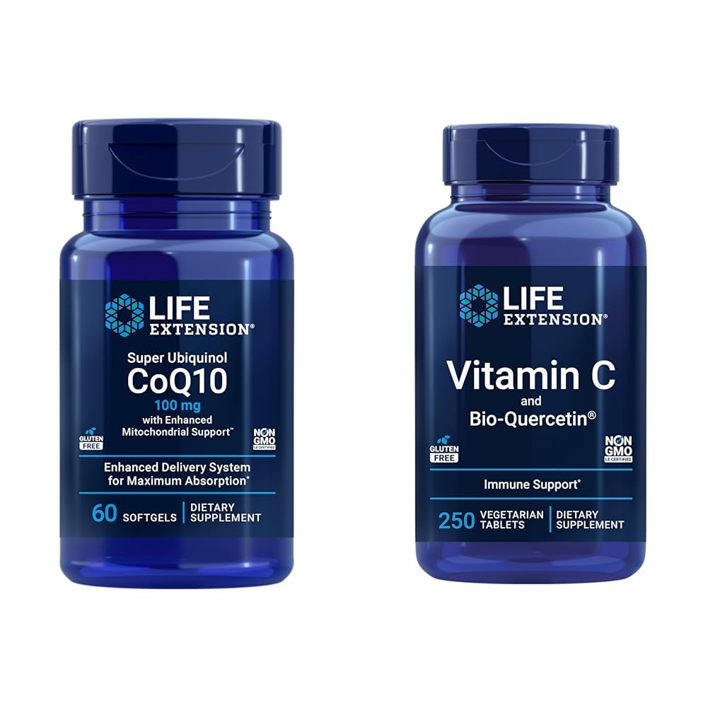 Extension de vie Super Ubiquinol CoQ10 60 Softgels et vitamine C et bio-quercétine Phytosome 250 comprimés pour le coeur, l'énergie cellulaire, l'immunité et le soutien sanitaire global