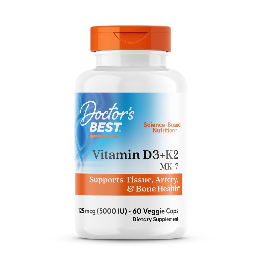 La meilleure vitamine D3 + K2 (Vitamine K2 comme MK-7) du docteur soutient la santé osseuse, tissulaire et artérielle, l'absorption de calcium • Non-OGM • Sans gluten • Végétarien, 5000 UI, 60 capsules de légumes