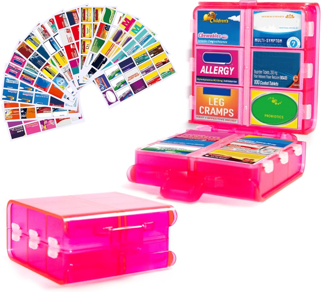 Grand organisateur de pilules avec étiquettes de médicaments, distributeur de pilules 12-Compartment Travel Medice Storage Case, boîte à pilules de 7 jours pour les vitamines et suppléments (Pink, 161 étiquettes)