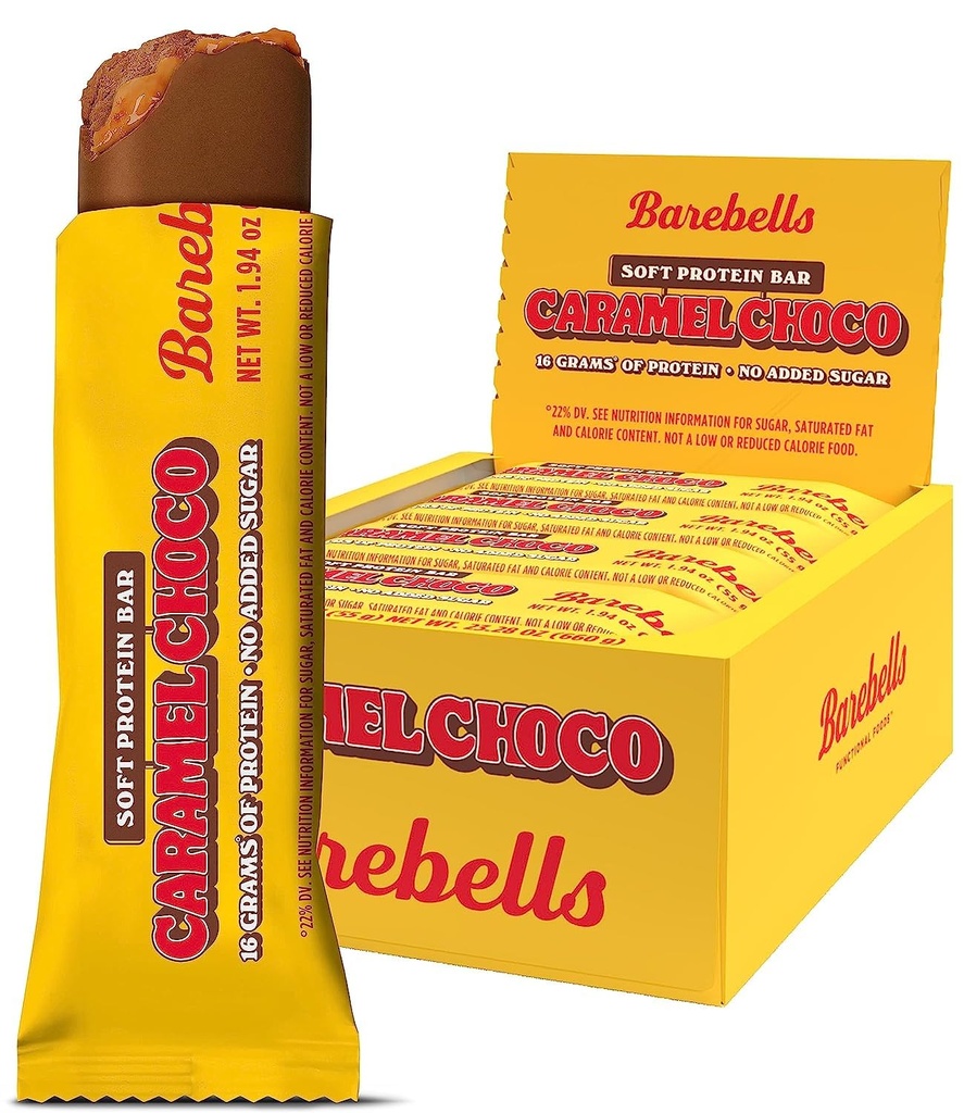 Barebells Soft Protein Bars Caramel Choco - 12 Nombre, 1.9oz Bars - Seringues protéinées avec 16g de haute protéine - Fluffy Chocolate Protein Bar avec 2g de sucres totaux - Soft Protein Snack & Breakfast Bars