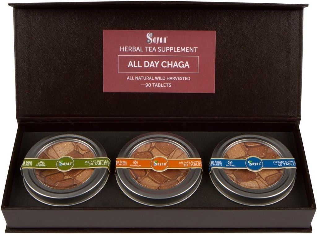 Sayan Siberische All Day Set Instant Chaga paddothee, Pack van 3 Dagelijkse Tablets (90 stuks) - Wild-Harvested, Premium Blend 