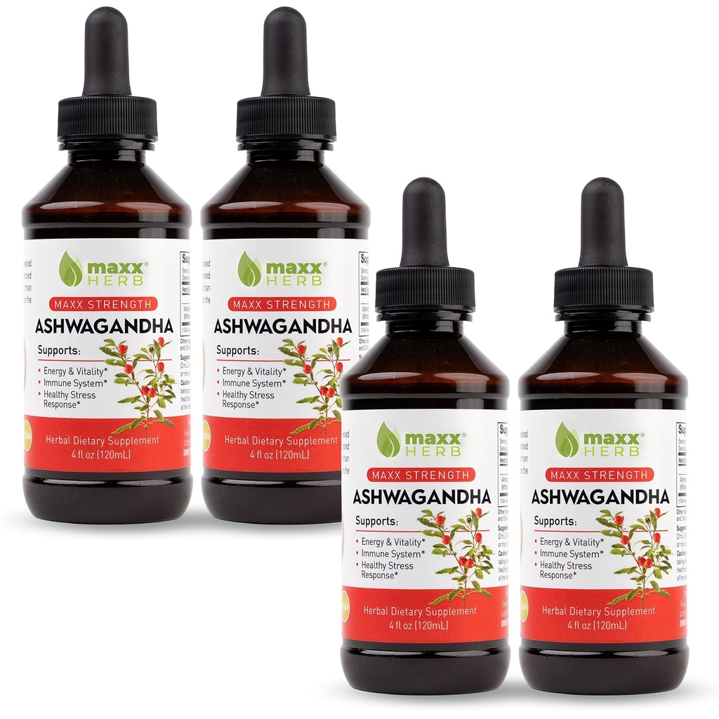 Extrait d'Ashwagandha de Maxx Herb – Absorbe de Teinture Liquide Max Strength Mieux que Capsules ou Poudre - pour Support Stamine, Mémoire et Immune – 4 Bouteilles, 4 Oz Chaque (240 portions)