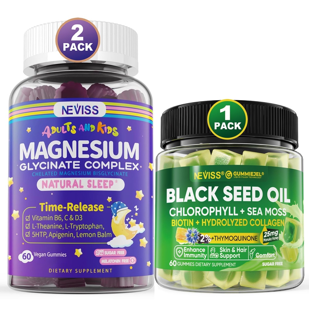 NEVISS Black Seed Oil Gummies, Chlorofyl & Sea Moss Supplement + Magnesium Glycinate Gummies voor volwassenen en kinderen 4+
