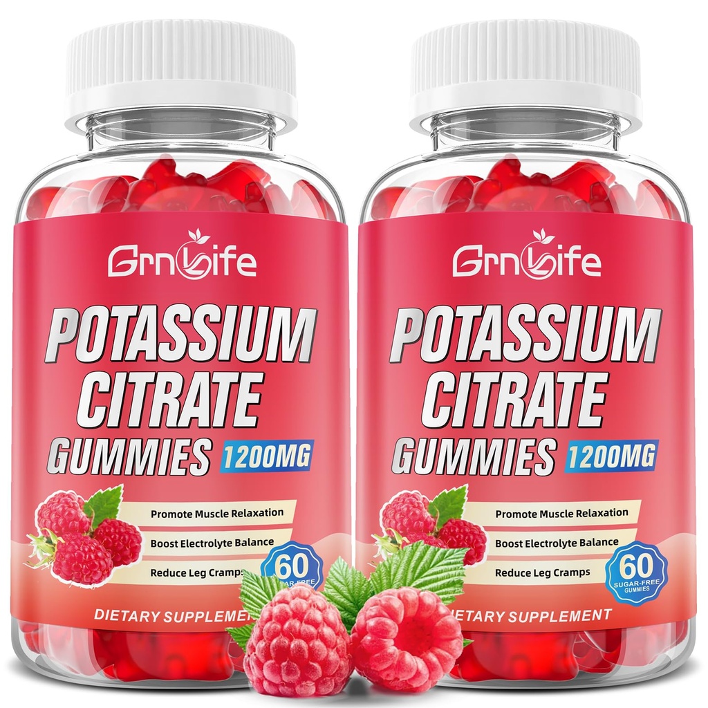 2 Pack Kalium citraat Gummies, Hoge Kalium Supplement Gummies 1200mg Ondersteuning Been krampen en spier gezondheid, Kalium Gummies voor volwassenen en kinderen, Veganist, Raspberry Flavor 120 Tellen