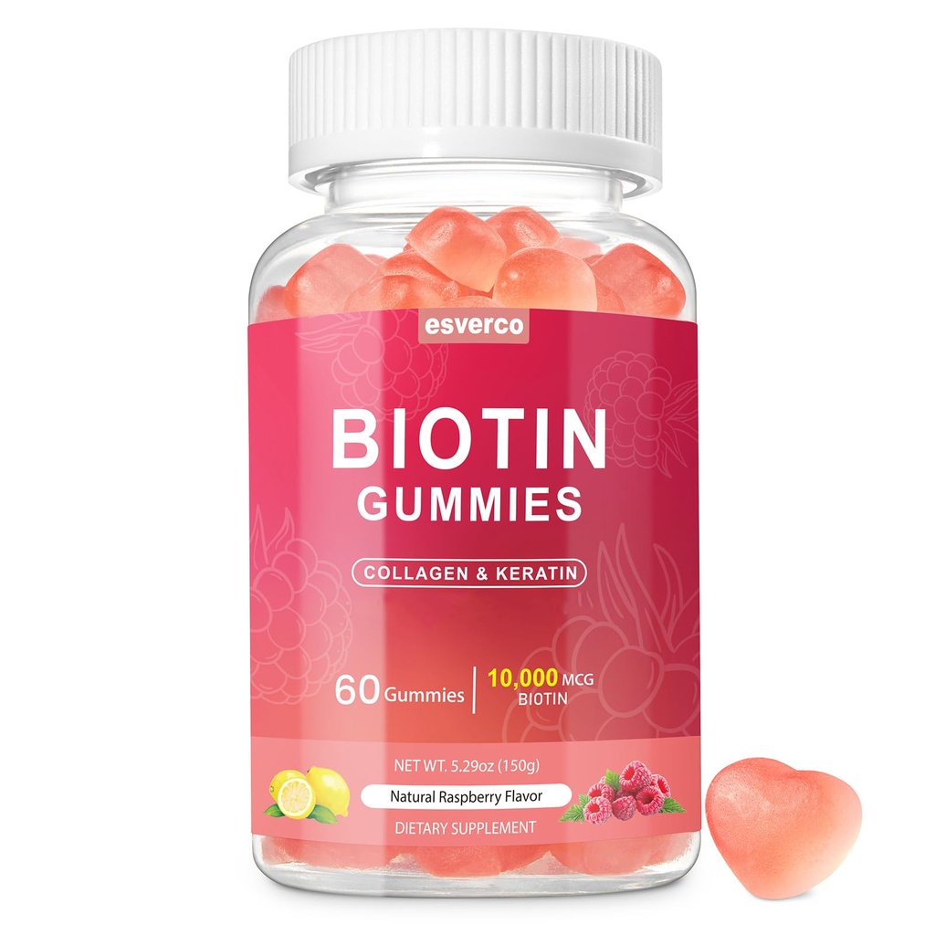 Biotine 10000mcg Kératine Collagène Gommies Suppléments Les ongles capillaires Vitamines Les ongles capillaires quotidiens Croissance et renforcement Gommies pour les femmes Biotine végétalienne et vitamine C Gommy 60 Compte