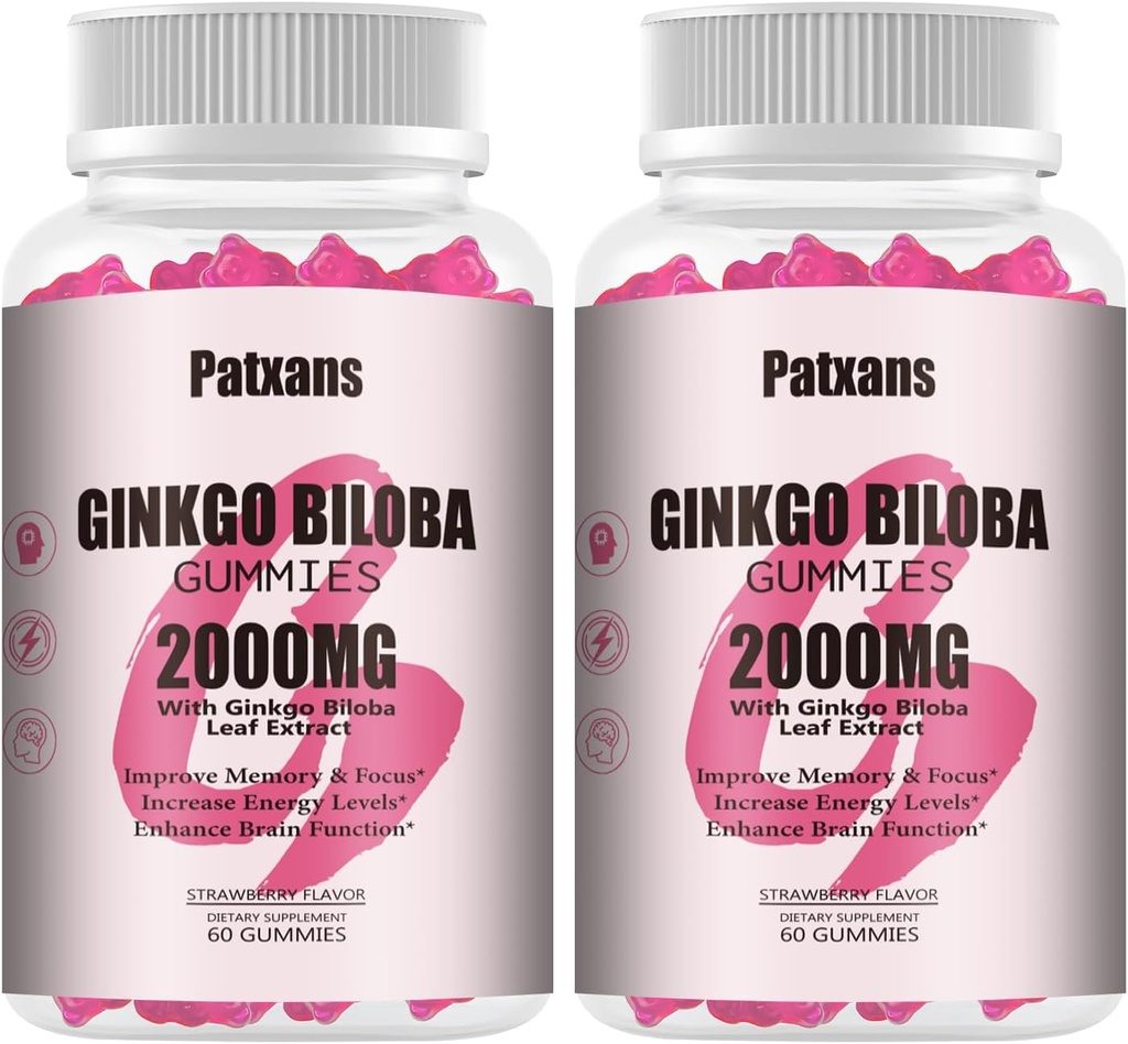 2 Packs 2000mg Ginkgo Biloba Gummies - Ginkgo Biloba Supplementen voor Brain Health Ondersteuning, Verbeter Mood en Focus, Energie, Volwassen, Aardbei Smaak, 120 Tellen