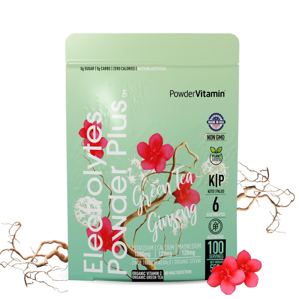 PoudreVitamine Electrolytes Poudre Plus (100 portions) Thé Vert Ginseng Electrolyte Poudre Keto, Sans sucre, Sel Himalayen Rose,1000mg Potassium,150mg Calcium,150mg Magnésium, Poudre d'hydratation