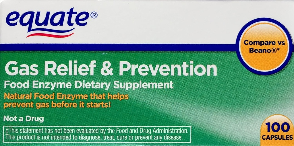 Equate Gas Relief & Prevention Food Enzyme Dieetsupplement, 100ct, Vergelijk met Beano