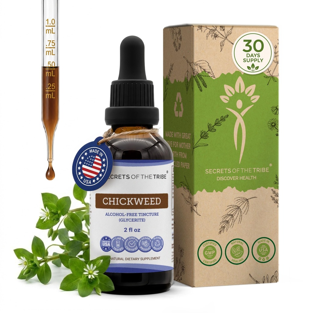 Geheimen van de Tribe Chickweed Tinctuur Alcoholvrije Liquid Extract, Chickweed (Stellaria Media) Gedroogd Boven-Ground Onderdelen (2 FL OZ)