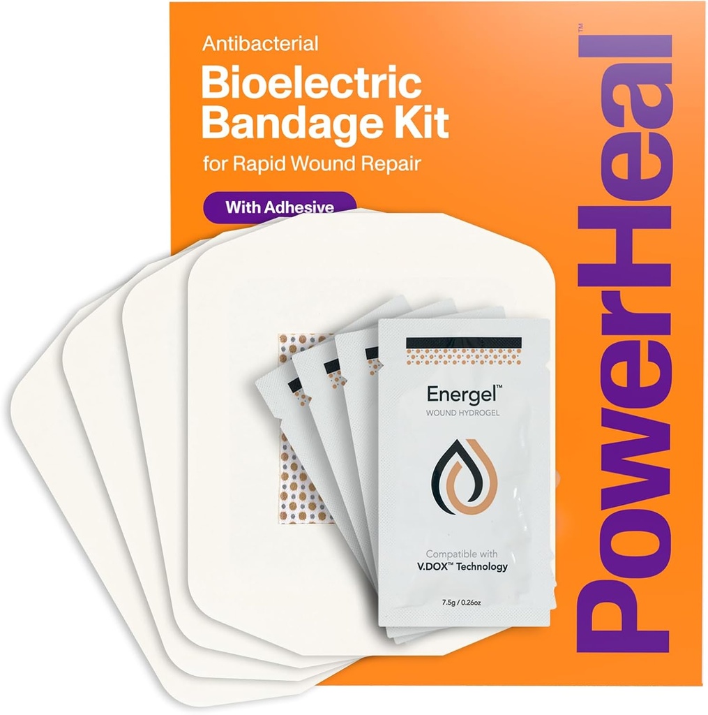 PowerHeal Bio-elektrische Bandage Kit voor wondverzorging & Fast Healing 3 Lagen met/Bio-elektrische Pad, Absorberende Pad, Overtrekken + Wond Hydrogel 