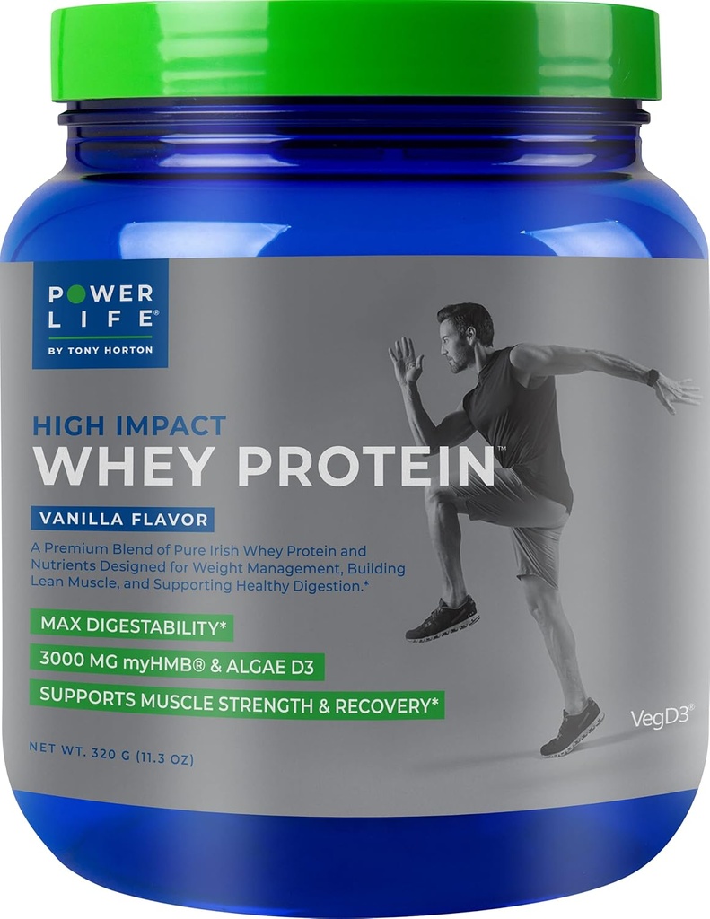 POWERLIFE Tony Horton High Impact Grass Fed Wei Proteïne met 3000 MG HMB, Geen Suiker Toegevoegd, Non-GMO, Hormone en Antibiotic Free, 15 Servers (Vanilla)