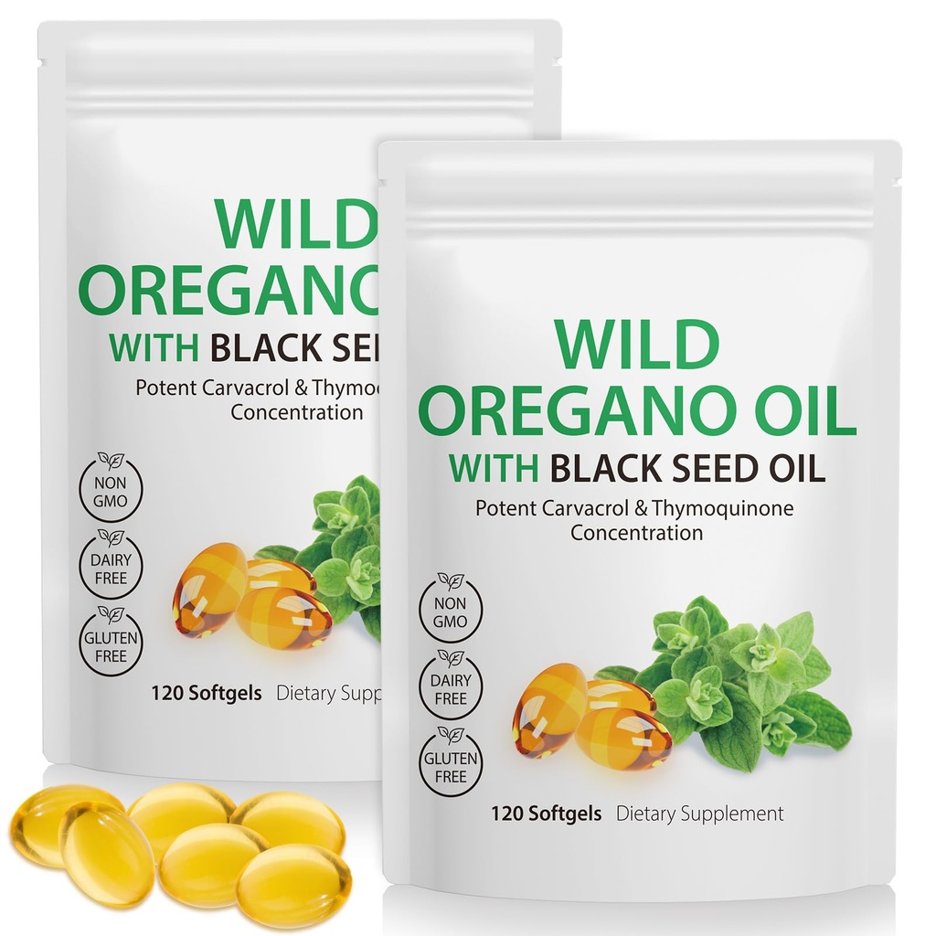 Olie van Oregano Softgels 6000mg per portie 240 Telling 2 in 1 Geformuleerd met Black Seed Oil 200mg, 4X Strength Carvacrol & Thymo › Plant Based, Non-GMO & Immune Support
