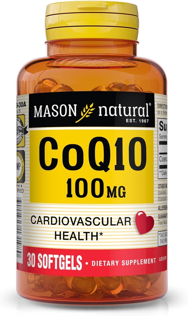 MASON NATURAL Co Q10 100 mg - Production d'énergie cardiaque et cellulaire saine, soutient la santé cardiovasculaire, 30 softgels