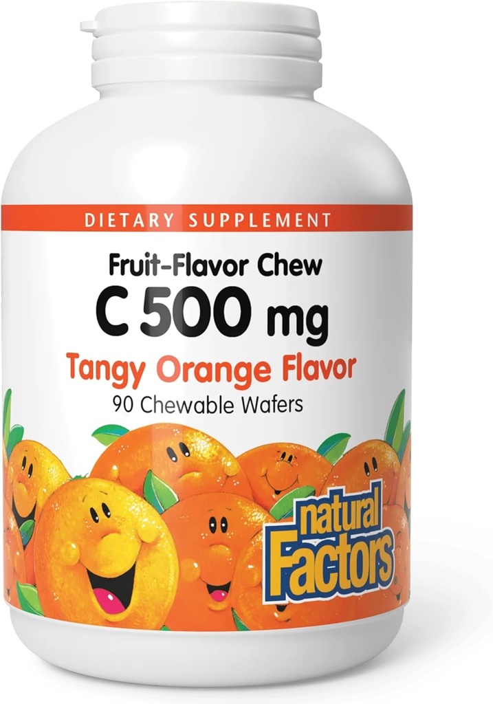 Natuurlijke factoren, vitamine C 500 mg, Kauwbaar om gezonde botten en tanden te ondersteunen, Tangy Orange, Vegan, Non-GMO, 90 wafers (90 porties)