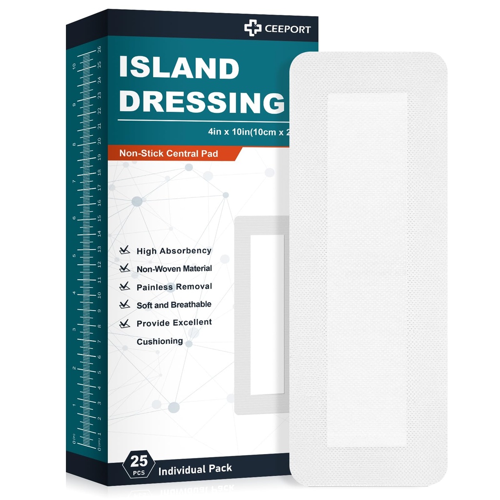 Eiland Dressing begrensd Gaas 4"x10," 25 Individueel verpakte niet-stick pad in het centrum met kleefgrens,Zacht & hoog Absorberende medische graad Dressing Gauze pad voor wondverzorging en eerste hulp