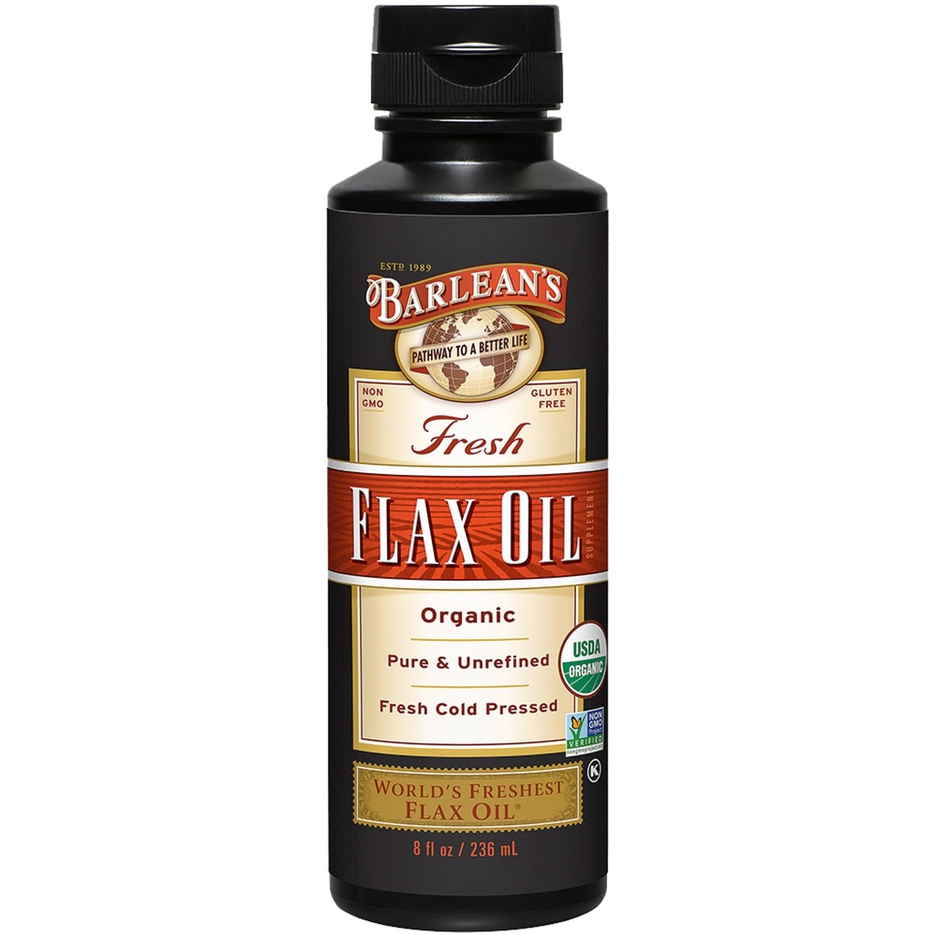 Barleans biologische Vlaszaadolie Vloeistof van vers koud geperste vlaszaad, 7,640mg ALA Omega 3 vetzuursupplement voor huid en haarverzorging, veganistisch en glutenvrij, 8 oz
