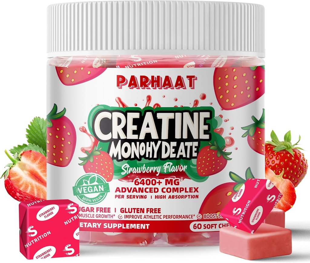 Creatine Monohydrate Chews Complex 6400mg pour les hommes et les femmes -Advanced Formula W/L-Taurine + Vitamine B12, Supplément à croquer sans sucre,60 softchews fraises