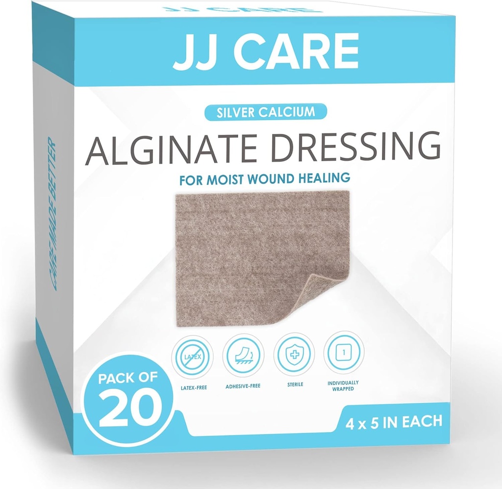 JJ CARE Silver Calcium Alginate Wond Dressing (Pack van 20) 4x5, Silver Alginate Wond Dressing Individueel verpakt, Zeer Absorberende Niet-Adherent Bandages voor Wond Care