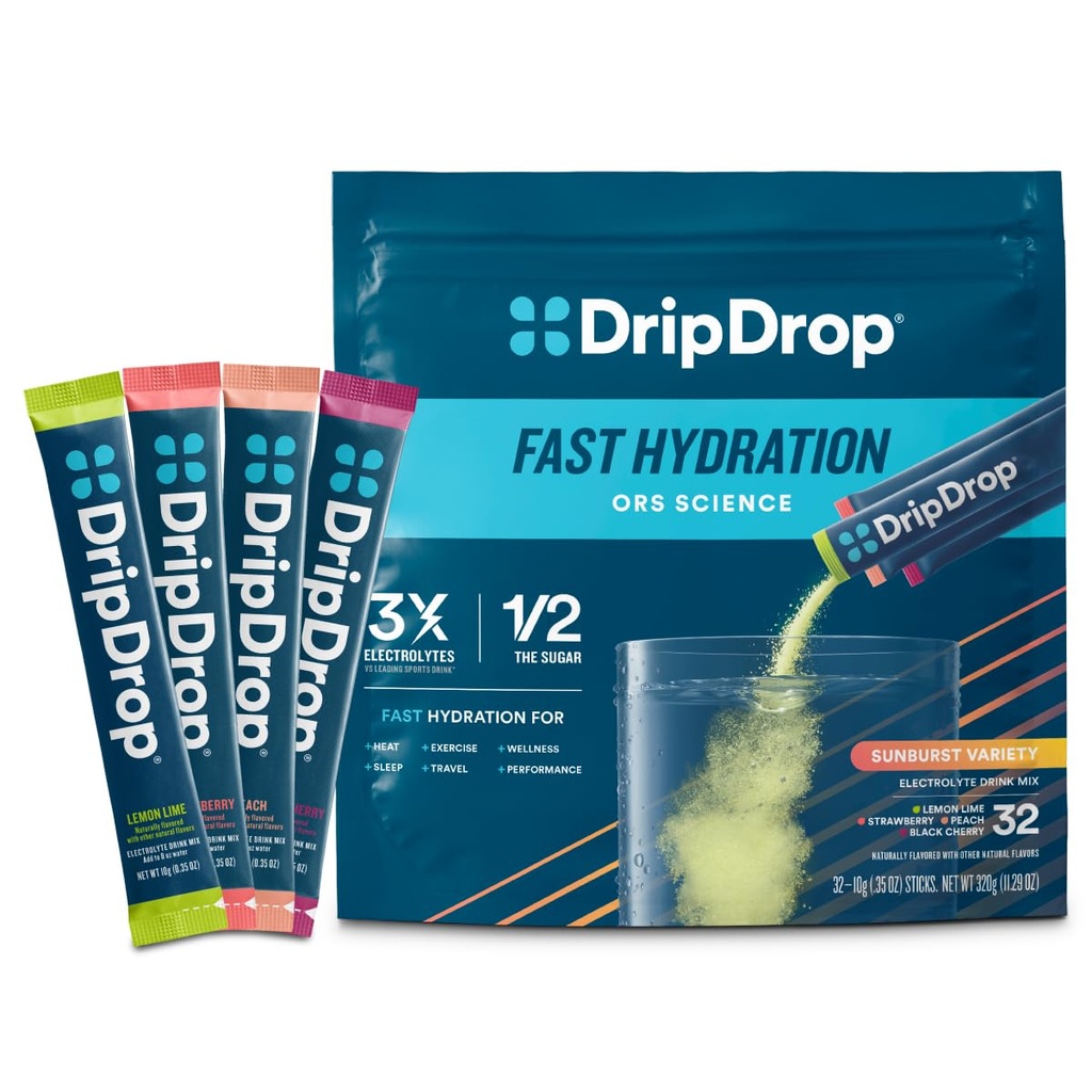 DripDrop Hydration Packets - Sunburst Variety Pack - Single Serve Electrolytes Powder Drink Mix - Lemon Lime, Aardbei, Peach, Black Cherry - Non-GMO, Glutenvrij, Veganistisch - 32 Sticks