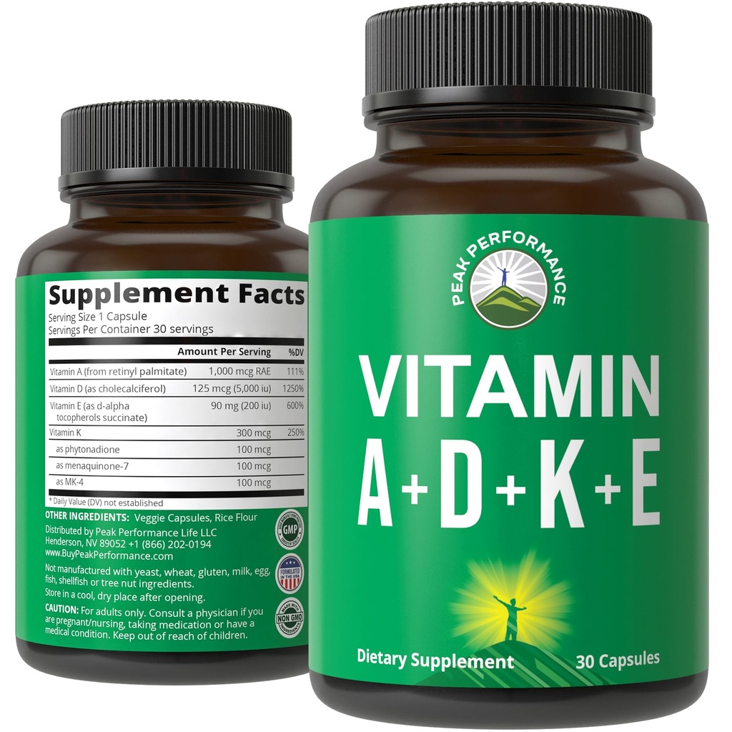 Peak Performance Vitaminen D 5.000 ie + A + K + E Alles in 1 Gemakkelijk te slikken Vegan Capsule. ADK Vitamine Supplement met E D3 K2. Essentiële Vitaminen voor Mood, Immune, Bot, Visie, Hart