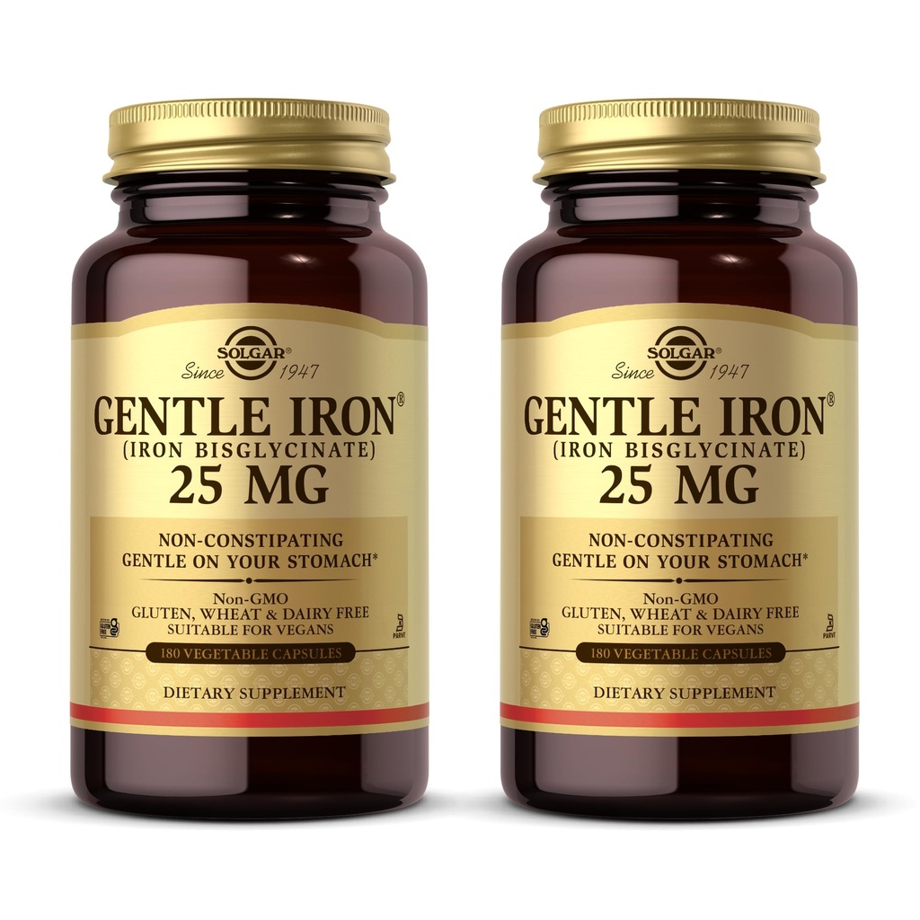 Solgar Gentle Iron (Iron Bisglycinate) 25 mg - 180 plantaardige capsules, Verpakking van 2 - Niet-constipatief, Voorzichtig op je maag - Niet-GMO, Glutenvrij - 360 Totaal porties