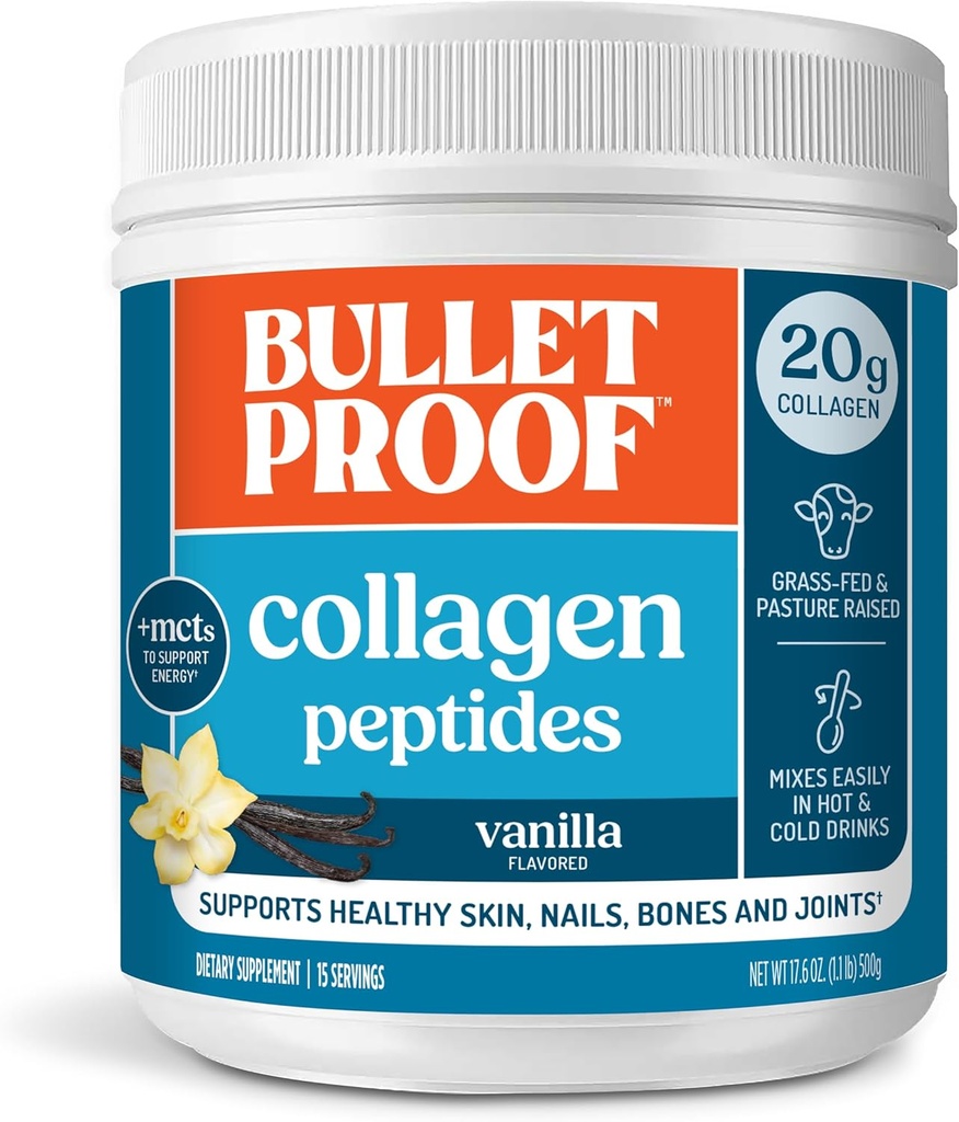 Kogelvrij Vanille Collageen Peptides Powder met MCT olie, 14,3 Ounces, Grass-Fed Collageen Proteïne voor huid, bot en Joint Support, Pasture Raised, No Added Hormones, Packaging mei Vary