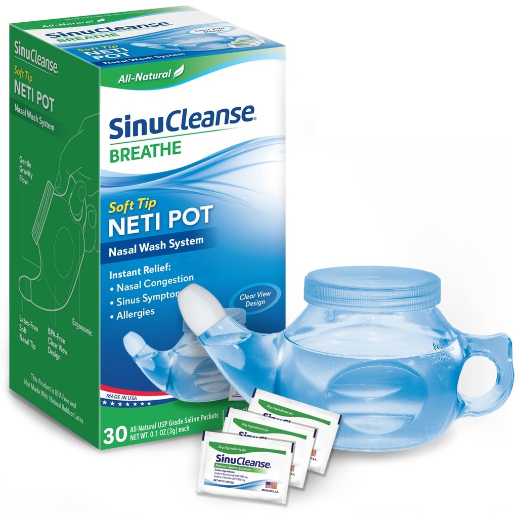SinuCleanse Soft Tip Neti Pot neuswassysteem, Verlicht neuscongestie door koude & griep, droge lucht, allergieën, 30 natuurlijke Saline Packets, Made in USA