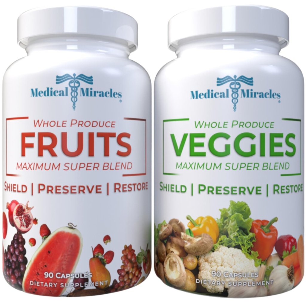 Miracles médicaux Suppléments de fruits et légumes - Contient 90 capsules de légumes et 90 capsules de fruits (180 Total) - Fabriqués avec des superaliments entiers, 17 légumes et 17 fruits - Pour usage quotidien - Fabriqués aux États-Unis