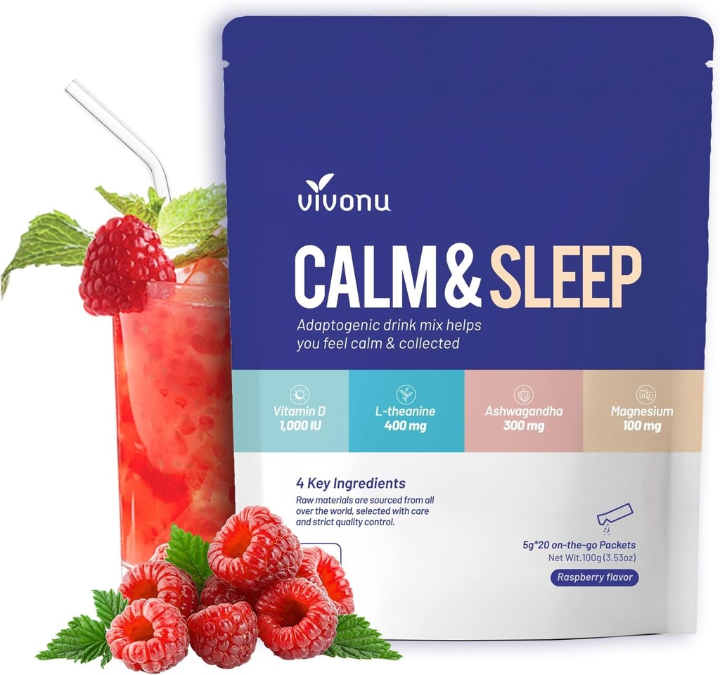 VivoNu Calm & Sleep Powdered Drink Mix Raspberry L Theanine Ksm-66 Ashwagandha Magnesium Glycinate Vitamine D 3 Supplementen voor ontspanning & Focus (VSC M2)
